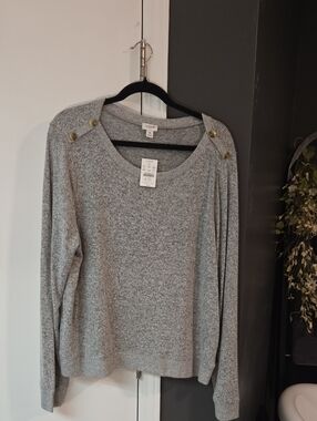 J. Crew Gray Button-Shoulder Crewneck Sweater